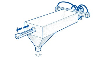 A schematic diagram of a mechanical feeder, showing a rectangular body